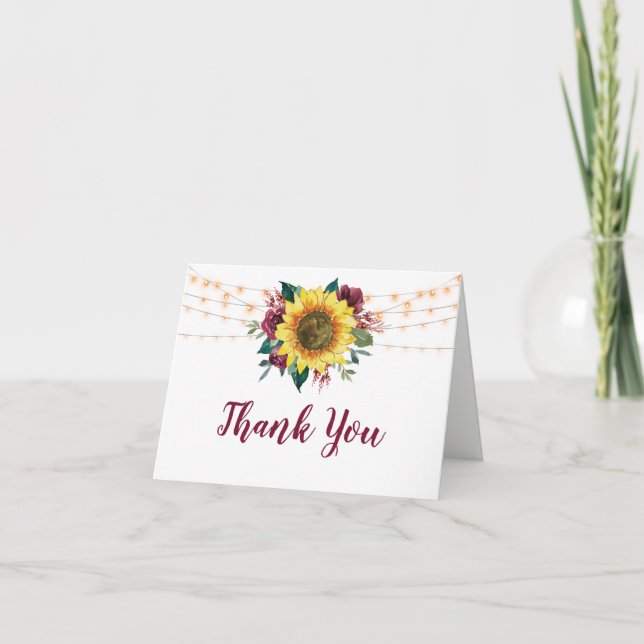 Rustic Sunflower Floral String Lights Wedding Thank You Card (Front)