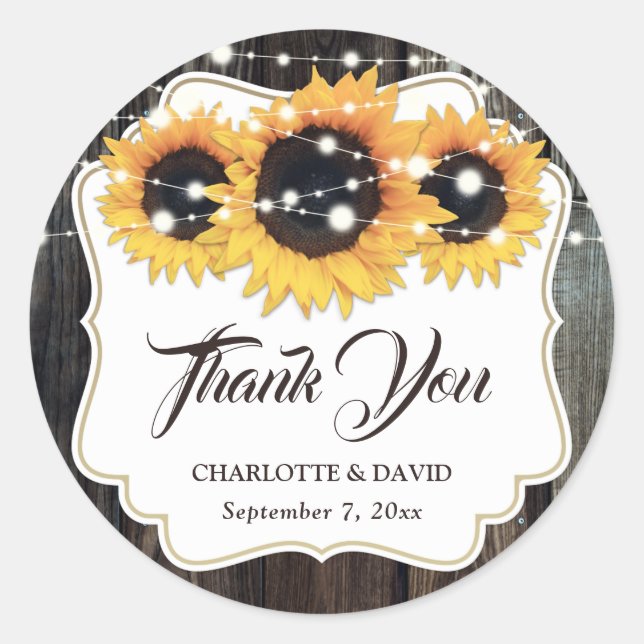 Rustic Sunflower Floral Thank You Classic Round Sticker (Front)