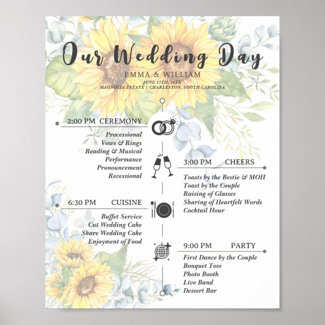 Rustic Sunflower Floral Timeline Wedding Program Poster (Front)