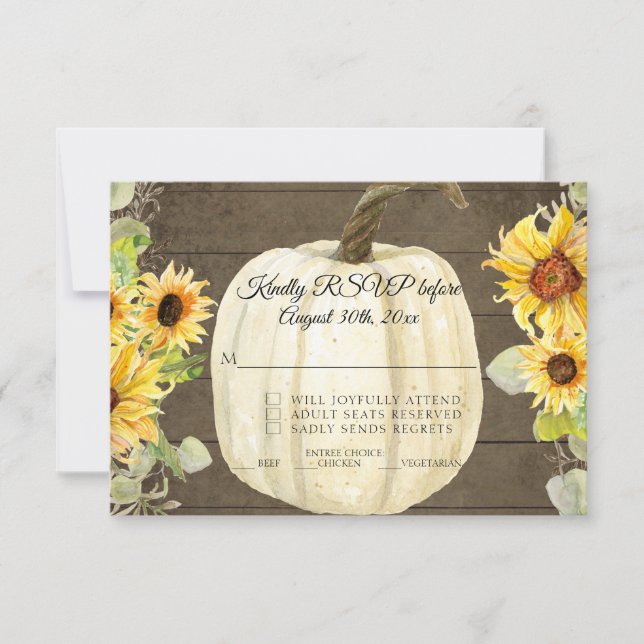 Rustic Sunflower Floral White Pumpkin Wood RSVP (Front)