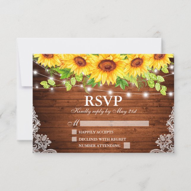 Rustic Sunflower Floral Wood Lights Lace RSVP Card (Front)