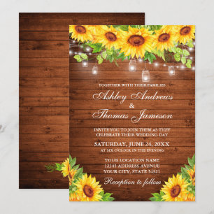 Rustic Sunflower Floral Wood Mason Jar Lights Invitation