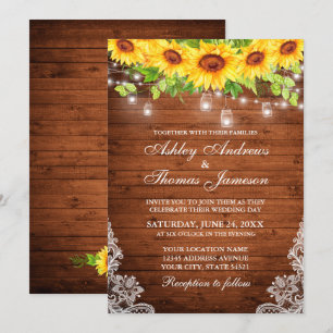 Rustic Sunflower Floral Wood Mason Jar Lights Lace Invitation