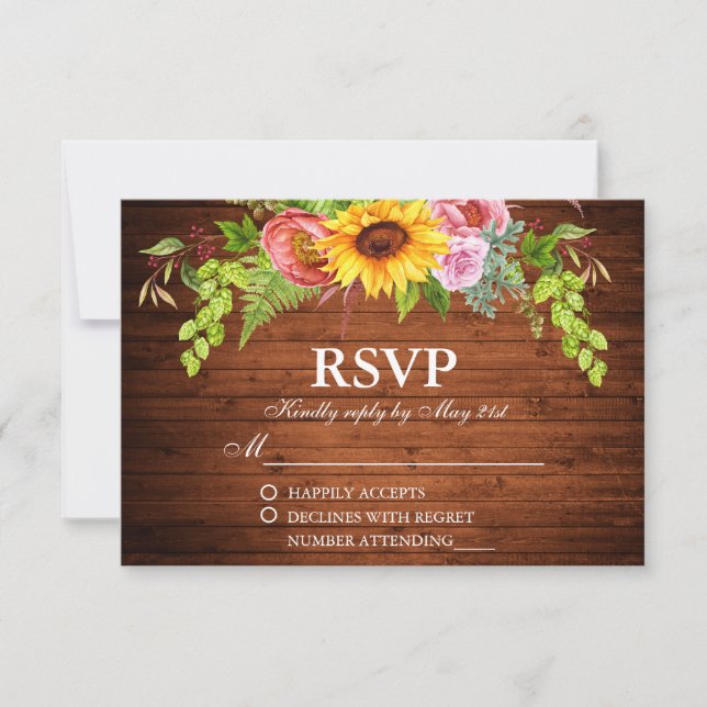 Rustic Sunflower Floral Wood Wedding RSVP Card (Front)