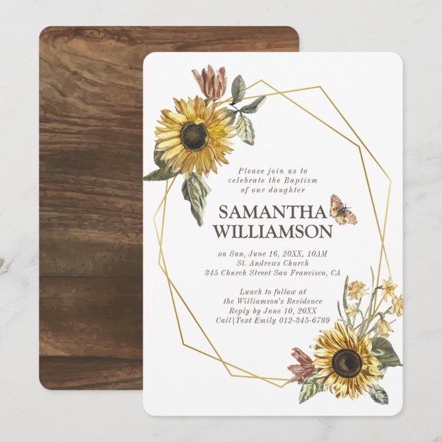 Rustic Sunflower Florals Baptism Invitation (Front/Back)