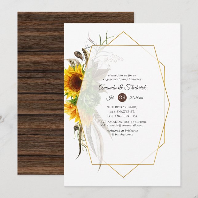 Rustic Sunflower Geometric Engagement Party Invitation (Front/Back)