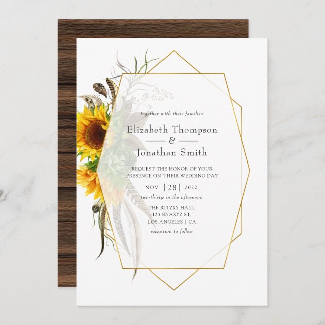 Rustic Sunflower Geometric Wedding Invitation (Front/Back)