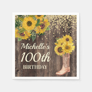 Rustic Sunflower Glitter Boots Wood 100th Birthday Napkin