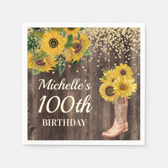 Rustic Sunflower Glitter Boots Wood 100th Birthday Napkin (Front)