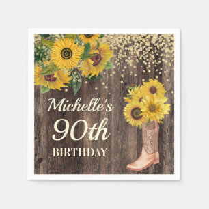 Rustic Sunflower Glitter  Boots Wood 90th Birthday Napkin