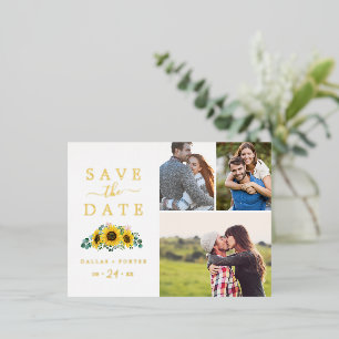 Rustic Sunflower   Gold Foil 3 Photo Save the Date Foil Invitation Postcard