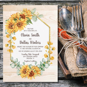 Rustic Sunflower Gold Geometric Barnwood Wedding Invitation