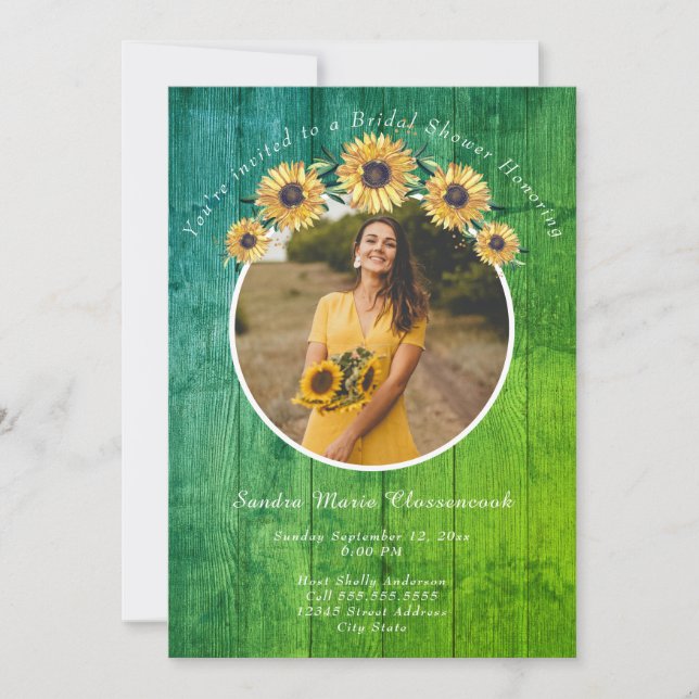 Rustic Sunflower Green Wood Wedding Bridal Shower  Invitation (Front)