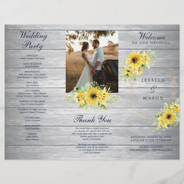 Rustic Sunflower Greenery Folded Wedding Program (Front)
