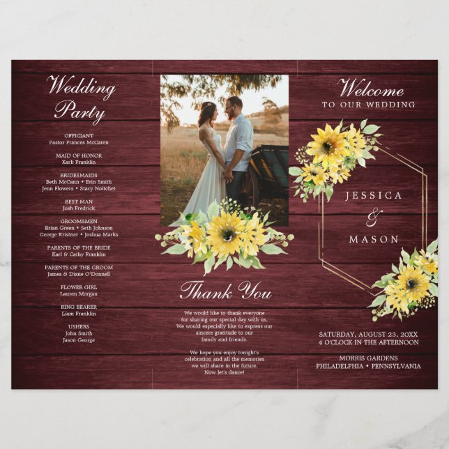 Rustic Sunflower Greenery Folded Wedding Program (Front)