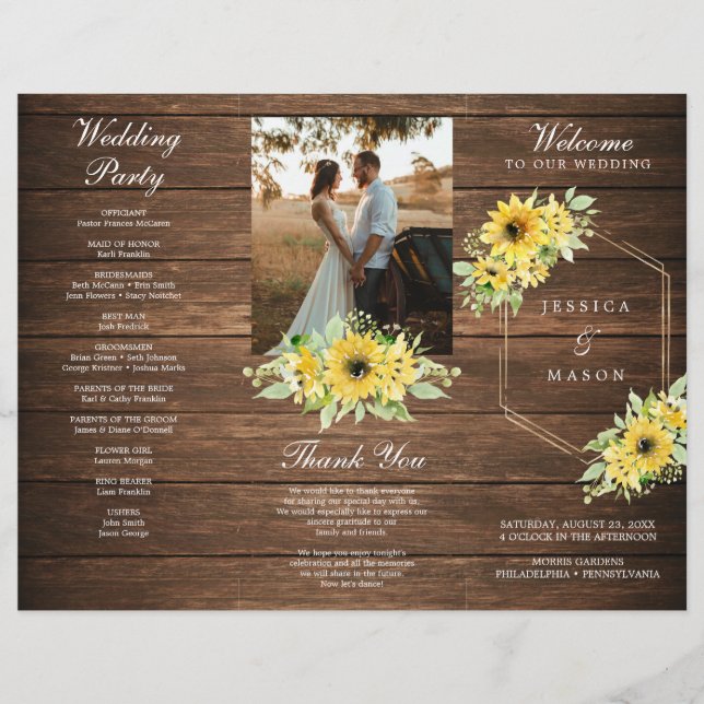 Rustic Sunflower Greenery Folded Wedding Program (Front)