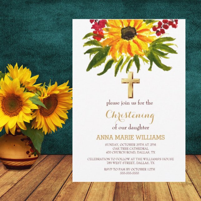 Rustic Sunflower Greenery Gold Cross Baptism  Invitation (Creator Uploaded)