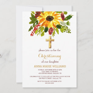 Rustic Sunflower Greenery Gold Cross Baptism  Invitation