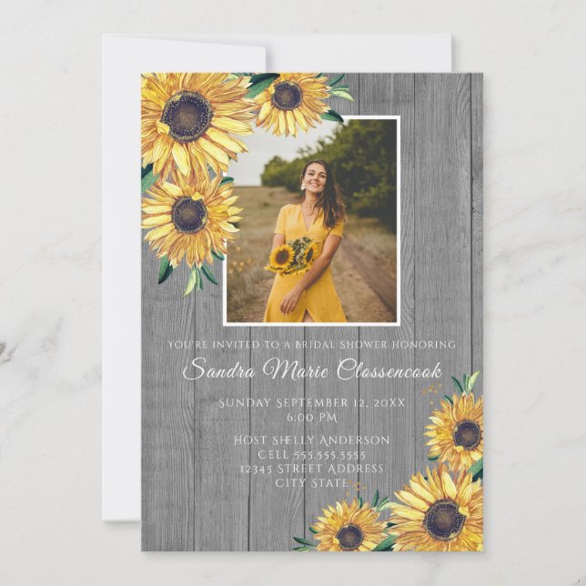 Rustic Sunflower Grey Wood Wedding Bridal Shower  Invitation (Front)