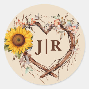 Rustic Sunflower Heart Monogram Wedding  Classic Round Sticker