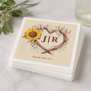Rustic Sunflower Heart Monogram Wedding Napkin