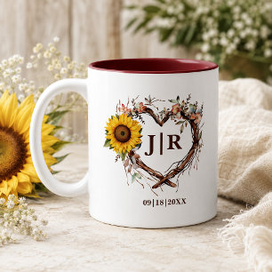 Rustic Sunflower Heart Monogram Wedding Two-Tone Coffee Mug