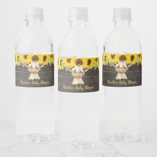 Rustic Sunflower Highland Cow Baby Shower Water Bottle Label