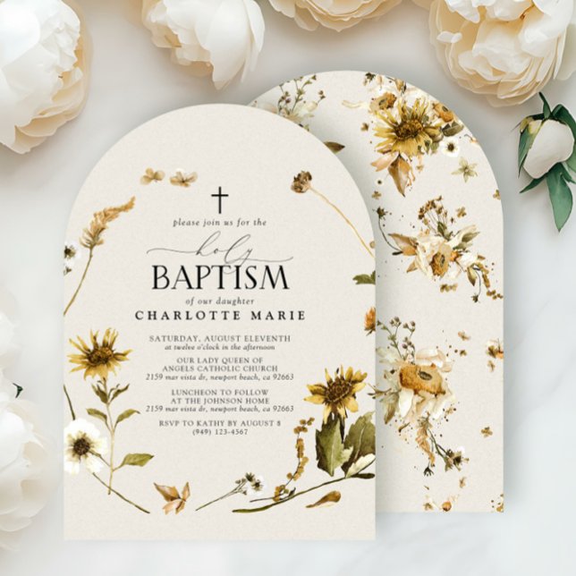 Rustic Sunflower Holy Baptism Modern Script Cross Invitation (Creator Uploaded)