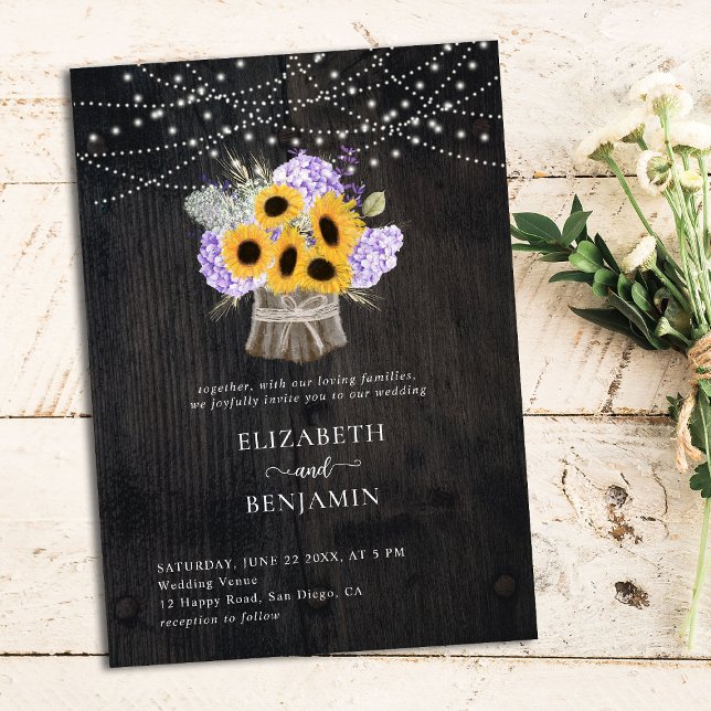 Rustic Sunflower Hydrangea Elegant Wood Wedding Invitation (Creator Uploaded)