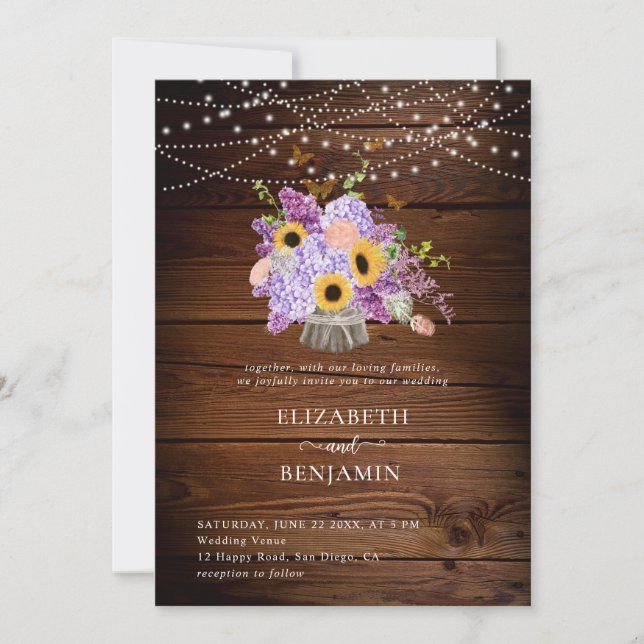 Rustic Sunflower Hydrangea Lilac Wood Chic Wedding Invitation (Front)