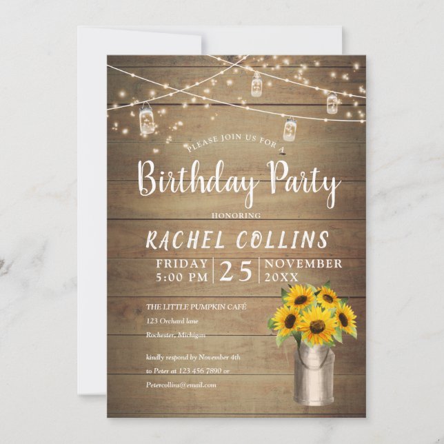 Rustic sunflower in milkbucket birthday invitation (Front)