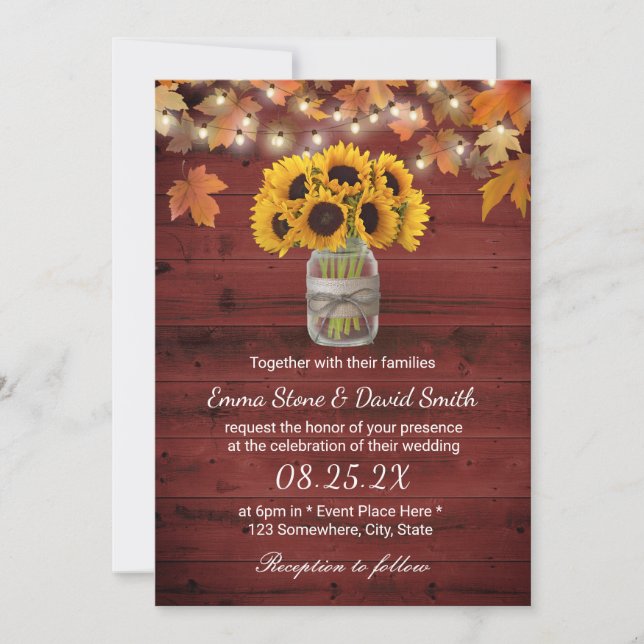 Rustic Sunflower Jar Red Barn Wood Fall Wedding Invitation (Front)