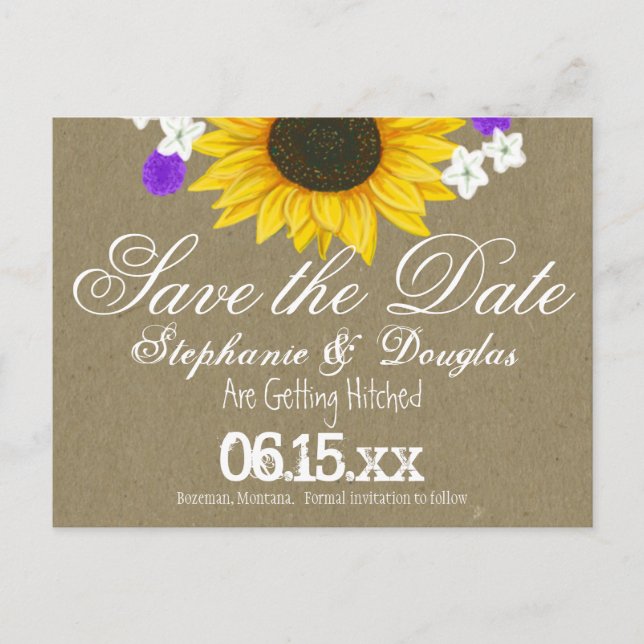 Rustic Sunflower Kraft Save the Date Postcards (Front)