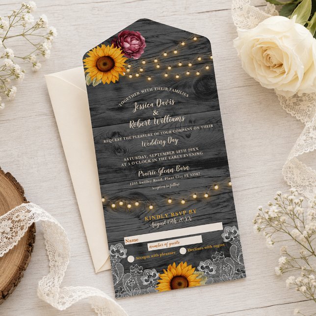 Rustic Sunflower Lace All-in-One Wedding Invite (Rustic String-Light Wedding Invitation)