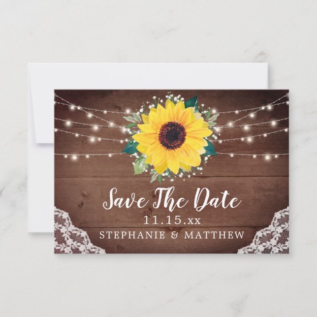 Rustic Sunflower Lace Babys Breath Lights Wedding Save The Date (Front)