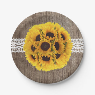 Rustic Sunflower Lace & Barn Wood Elegant Wedding Paper Plate