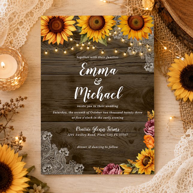 Rustic Sunflower Lace Barn Wood Fall Wedding Invitation (Rustic Sunflower Lace Barn Wood Fall Wedding Invitation)
