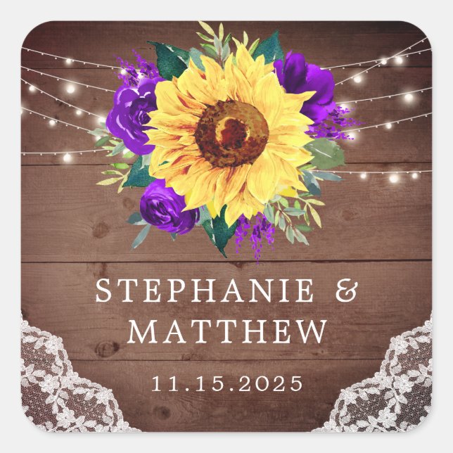Rustic Sunflower Lace Purple Rose Fall Wedding Square Sticker (Front)