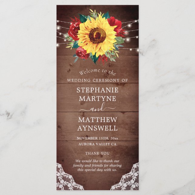 Rustic Sunflower Lace Red Rose Fall Wedding Program (Front)