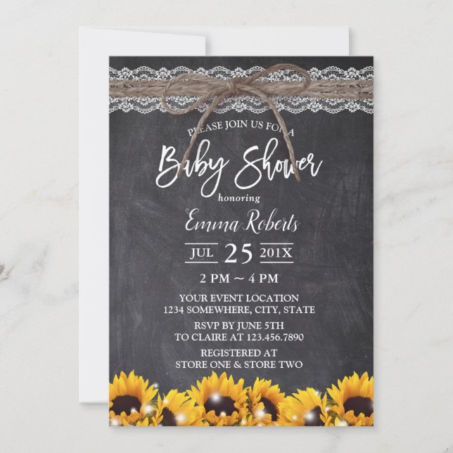 Rustic Sunflower Lace Twine Chalkboard Baby Shower Invitation (Front)