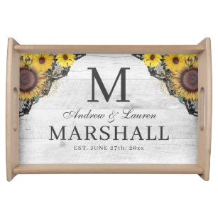 Rustic Sunflower Lace Wood Names Wedding Serving Tray