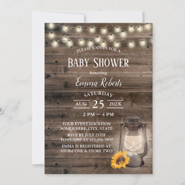 Rustic Sunflower Lantern Barn Wood Baby Shower Invitation (Front)
