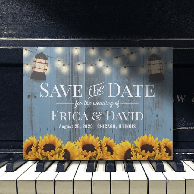 Rustic Sunflower Lantern Dusty Blue Save the Date Announcement Postcard (Creator Uploaded)