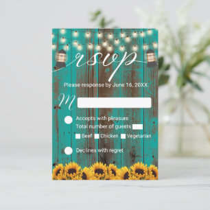 Rustic Sunflower & Lantern Teal Barn Wedding RSVP Card