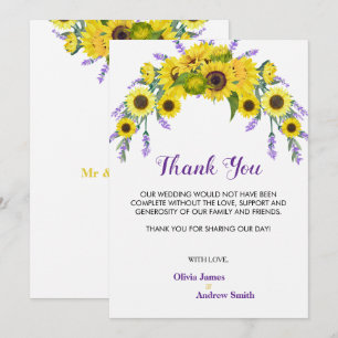 Rustic Sunflower & Lavender Wreath Wedding  Thank You Card