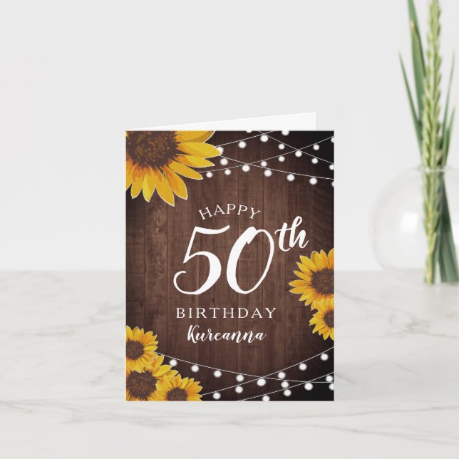 Rustic Sunflower & Lights 50th Birthday Card (Front)