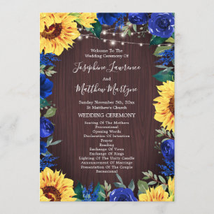 Rustic Sunflower Lights Blue Floral Border Wedding Program