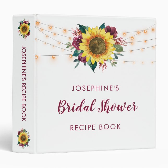 Rustic Sunflower Lights Bridal Shower Recipe Binder (Front/Spine)