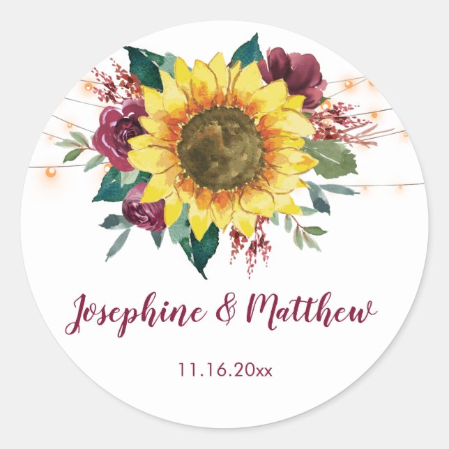 Rustic Sunflower Lights Floral Wedding Classic Round Sticker (Front)