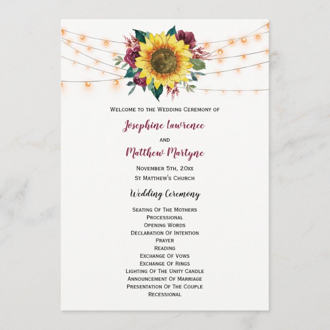 Rustic Sunflower Lights Floral Wedding Program (Front)